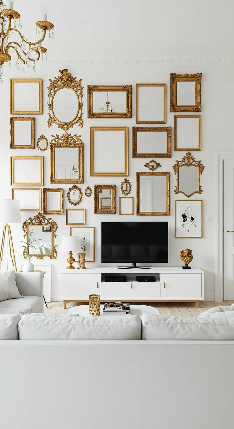 Pared de galería con una colección de marcos y espejos dorados de diferentes estilos alrededor de un televisor