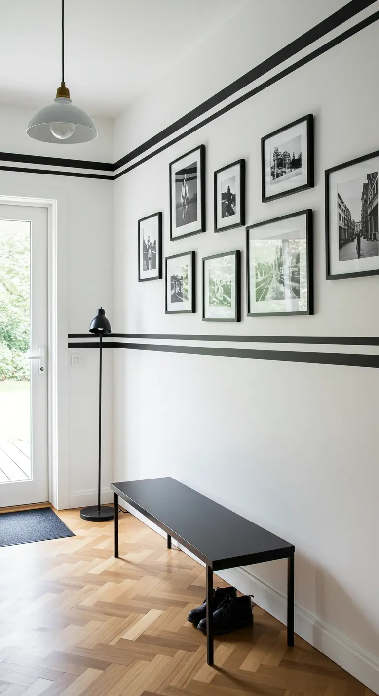 Recibidor blanco con líneas horizontales negras pintadas que enmarcan una galería de fotos.