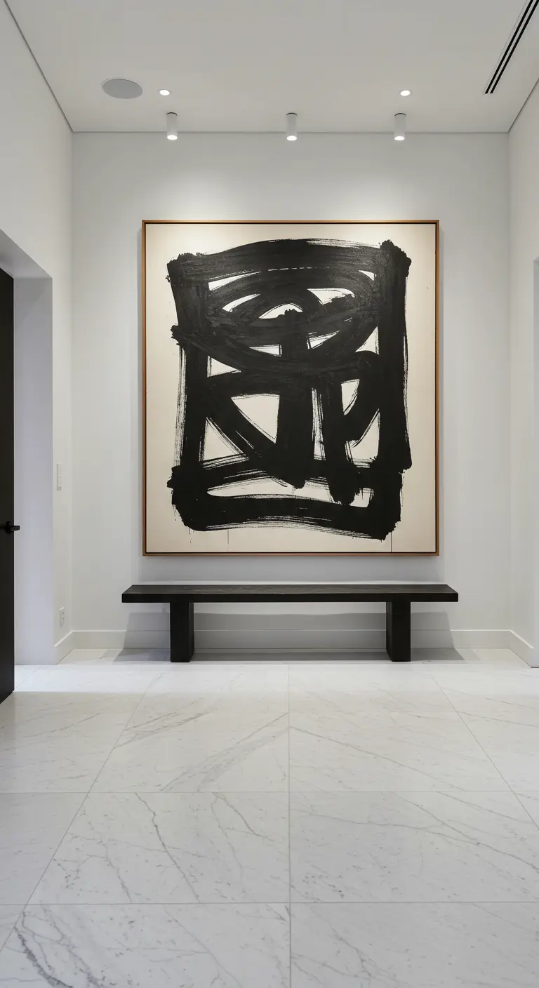 Recibidor minimalista con un gran cuadro abstracto en blanco y negro y un banco negro.