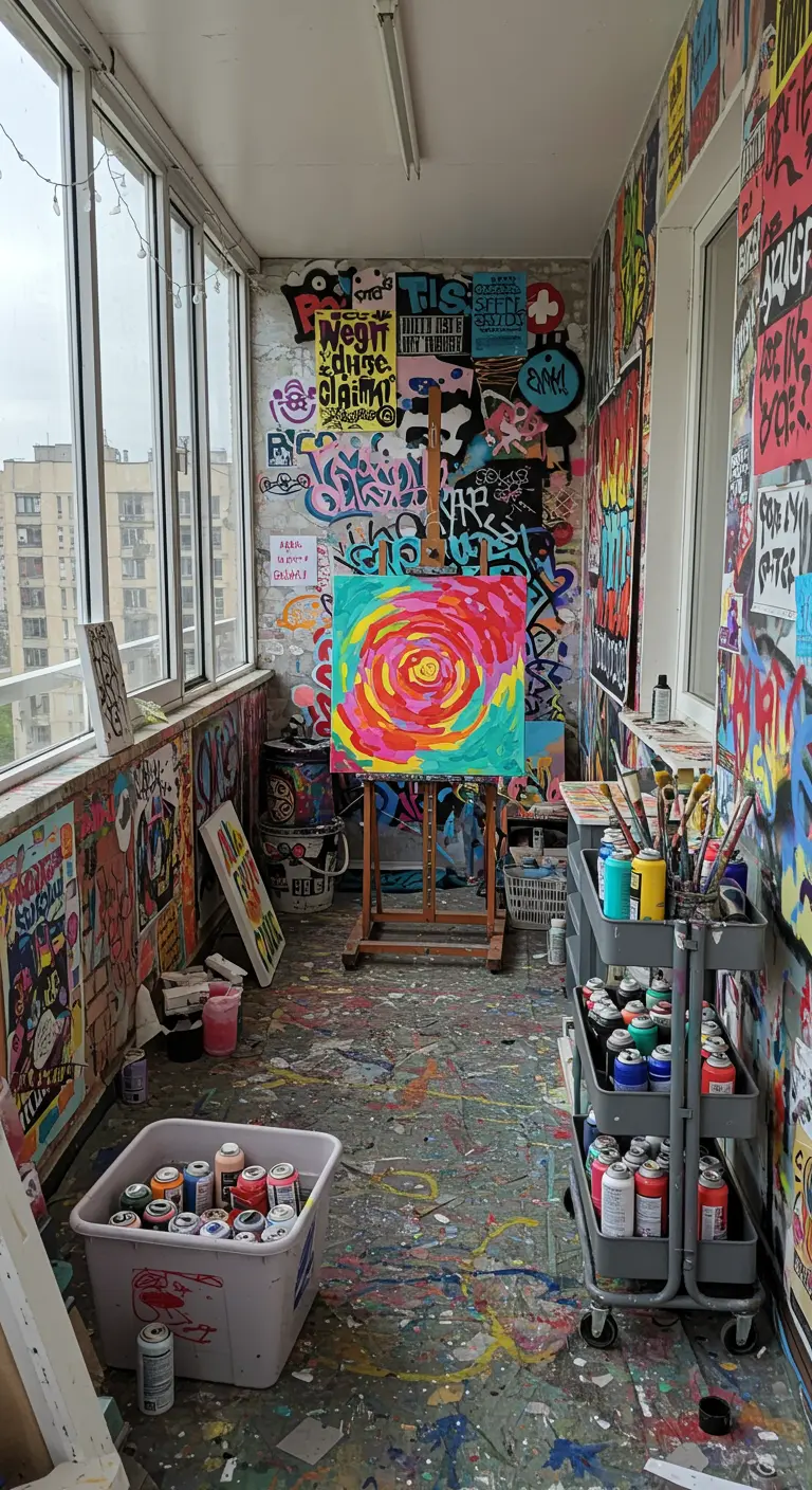 Estudio de arte estrecho y luminoso lleno de grafitis, pósteres y latas de spray.