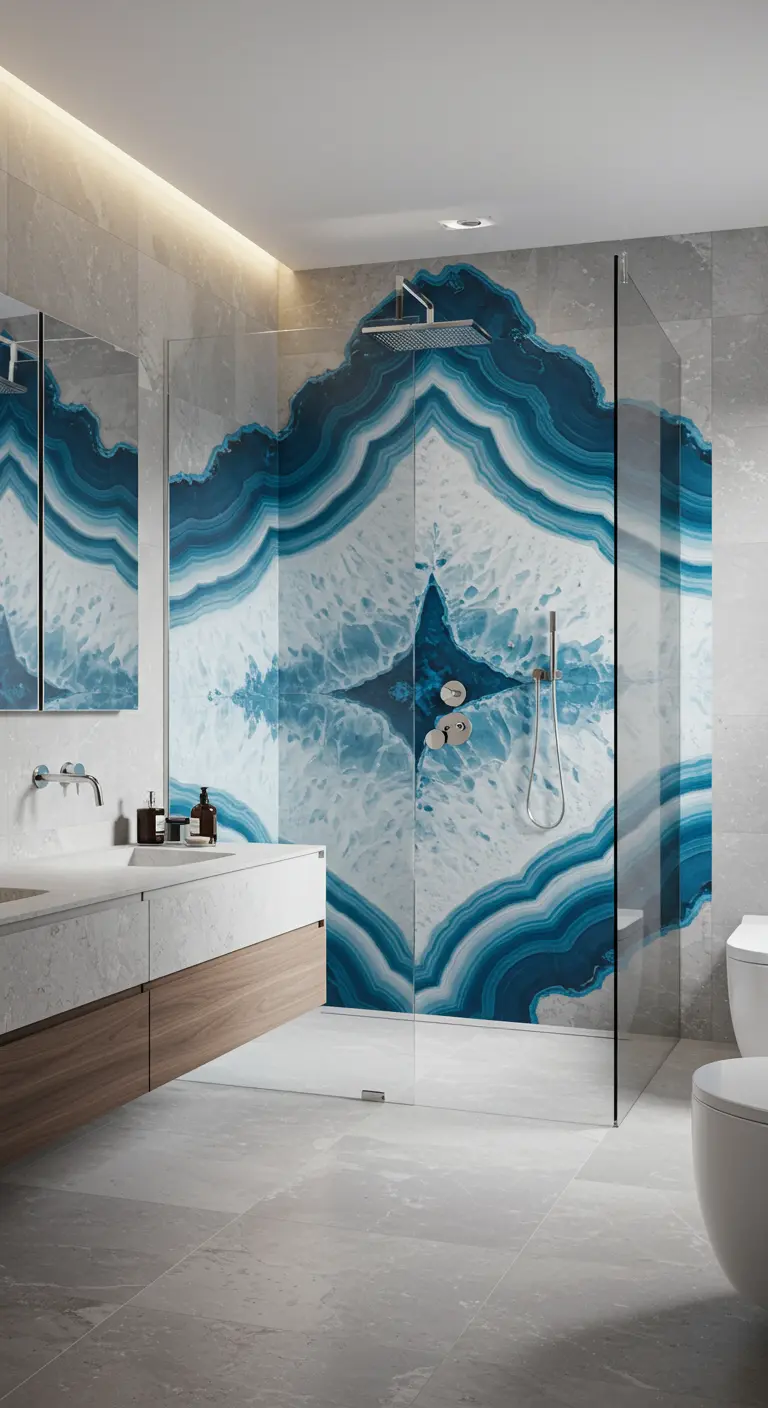Ducha moderna con una pared de acento que simula una geoda azul y blanca de gran tamaño.