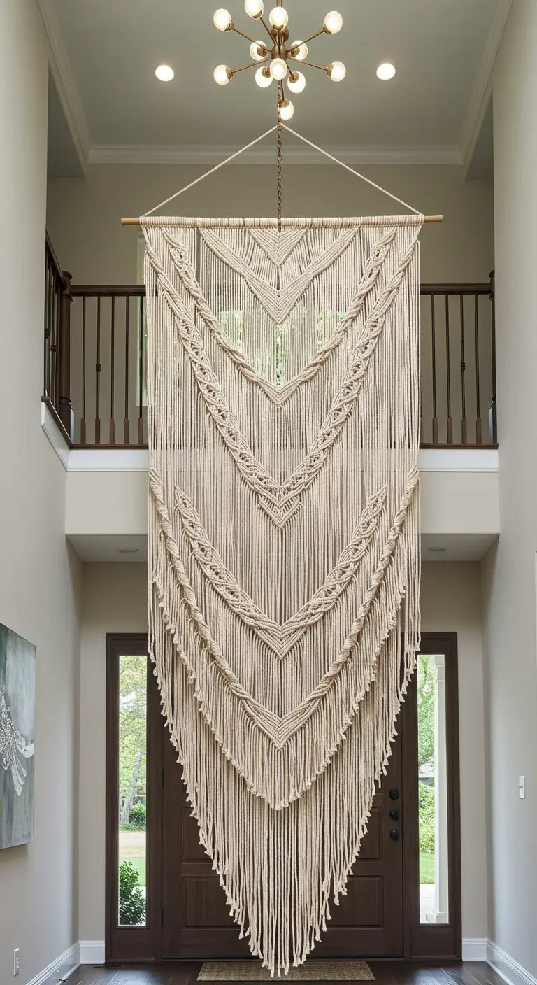 Tapiz de macramé muy largo y majestuoso colgado en un recibidor de doble altura.