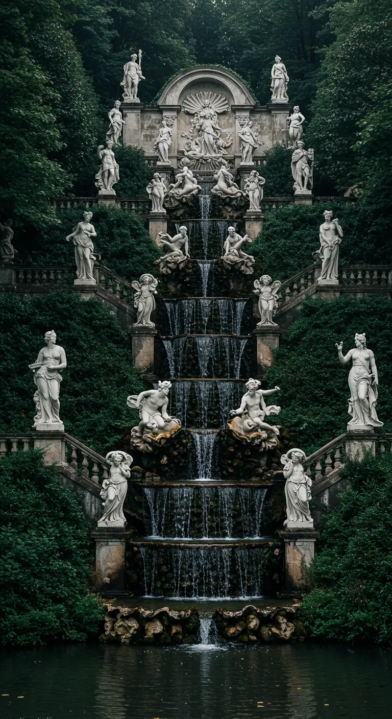 Impresionante cascada escalonada decorada con numerosas esculturas clásicas entre la vegetación.