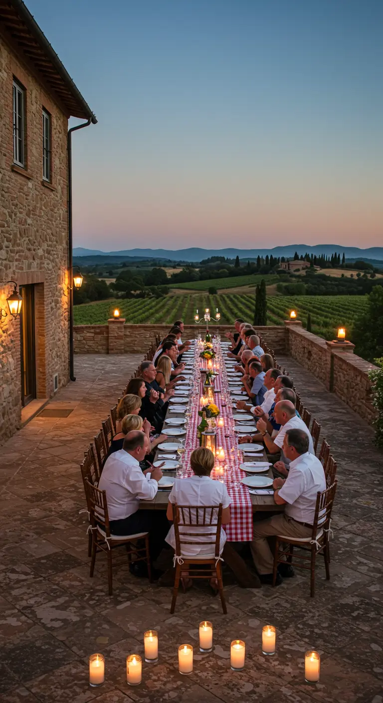Terraza de una villa italiana con una mesa larguísima llena de gente cenando a la luz de las velas.
