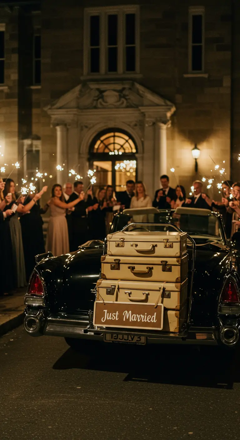 Coche de boda clásico con maletas vintage y un cartel de 