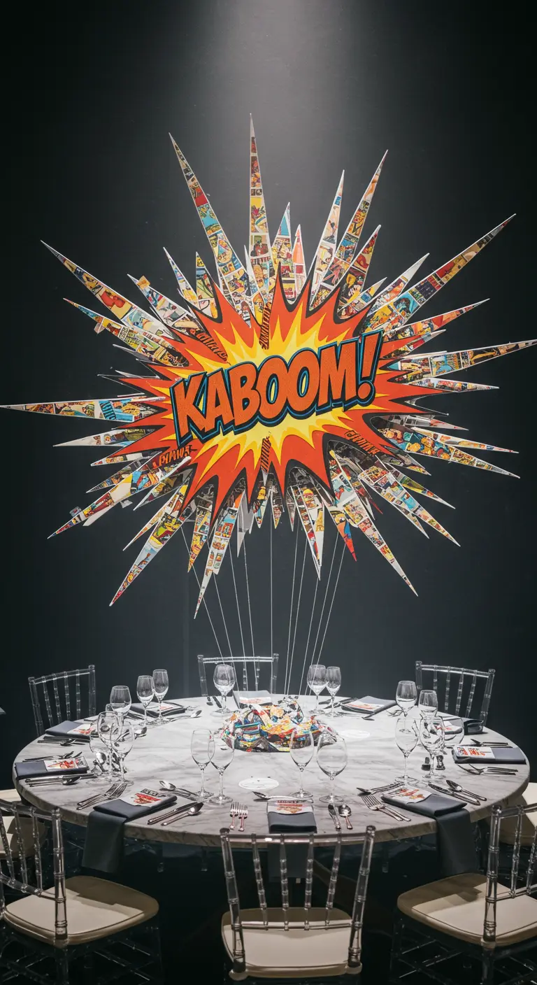 Gran explosión 'KABOOM!' hecha de cómics suspendida sobre una mesa redonda.