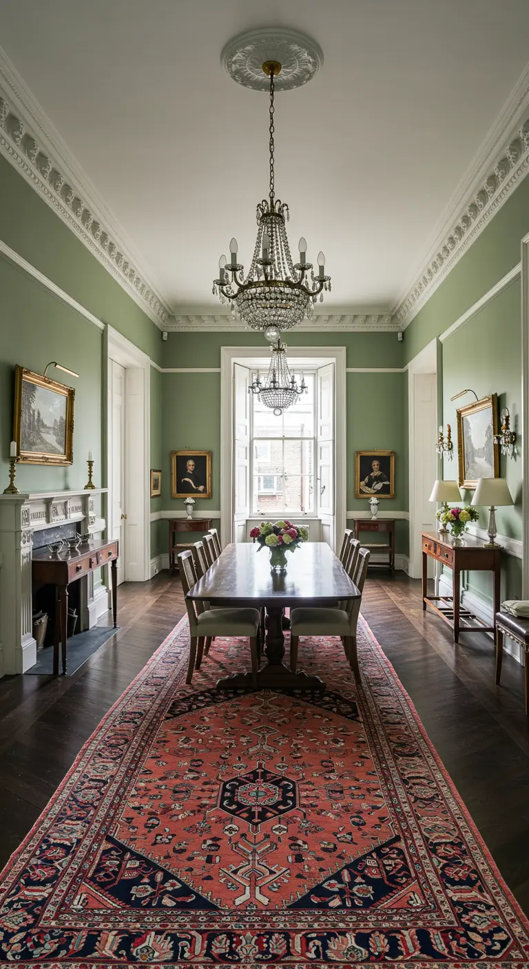 Comedor largo y estrecho con paredes verdes, una larga alfombra persa y dos candelabros.