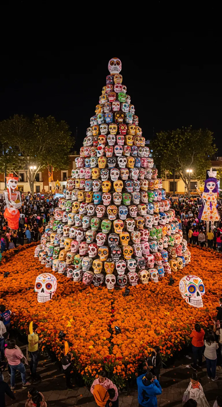 Gran pirámide hecha de cientos de calaveritas de azúcar de colores en una plaza pública.