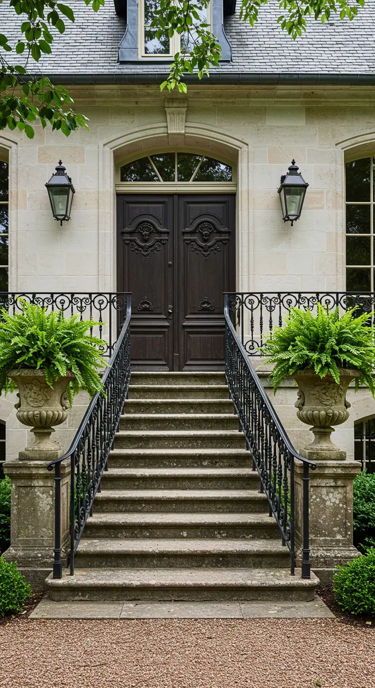 Gran escalera de piedra con barandilla de hierro forjado y dos grandes urnas con helechos