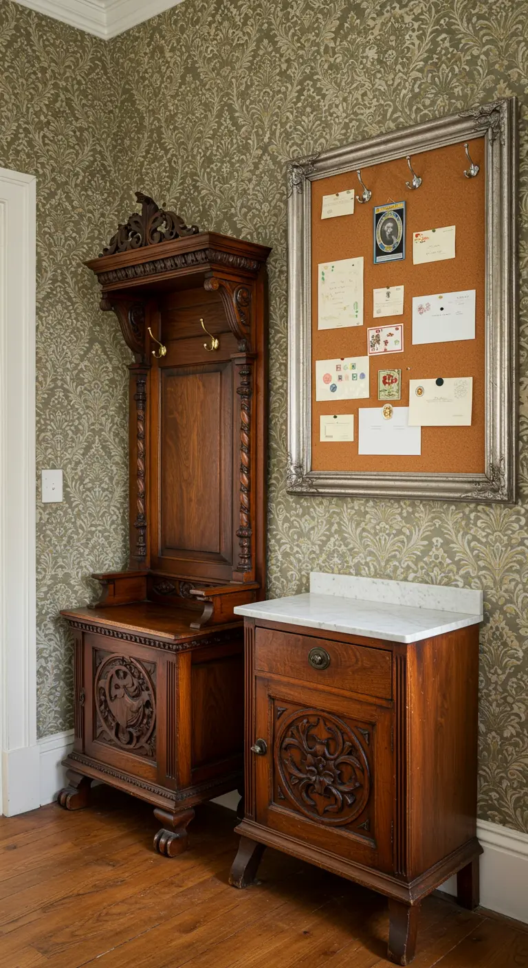 Recibidor de estilo victoriano con un mueble perchero de madera oscura y un tablero de corcho con marco plateado.