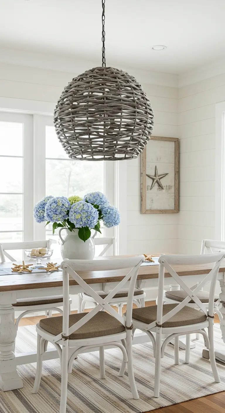 Comedor estilo coastal farmhouse con lámpara de globo en fibra gris y paredes blancas.