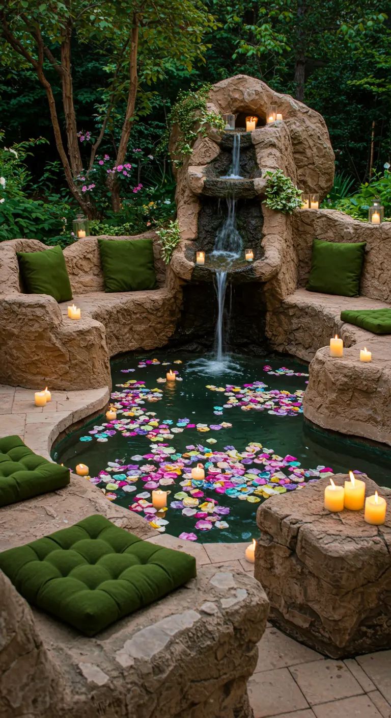 Gruta con cascada y estanque lleno de pétalos de colores y velas flotantes.