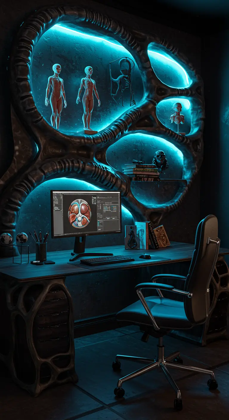 Oficina con temática biomecánica, estanterías orgánicas y escritorio integrado con luz azul.