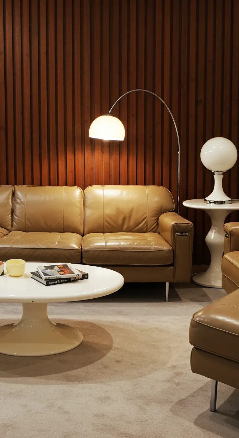 Sala con sofá de cuero, pared de madera y mesas de fibra de vidrio blanca.