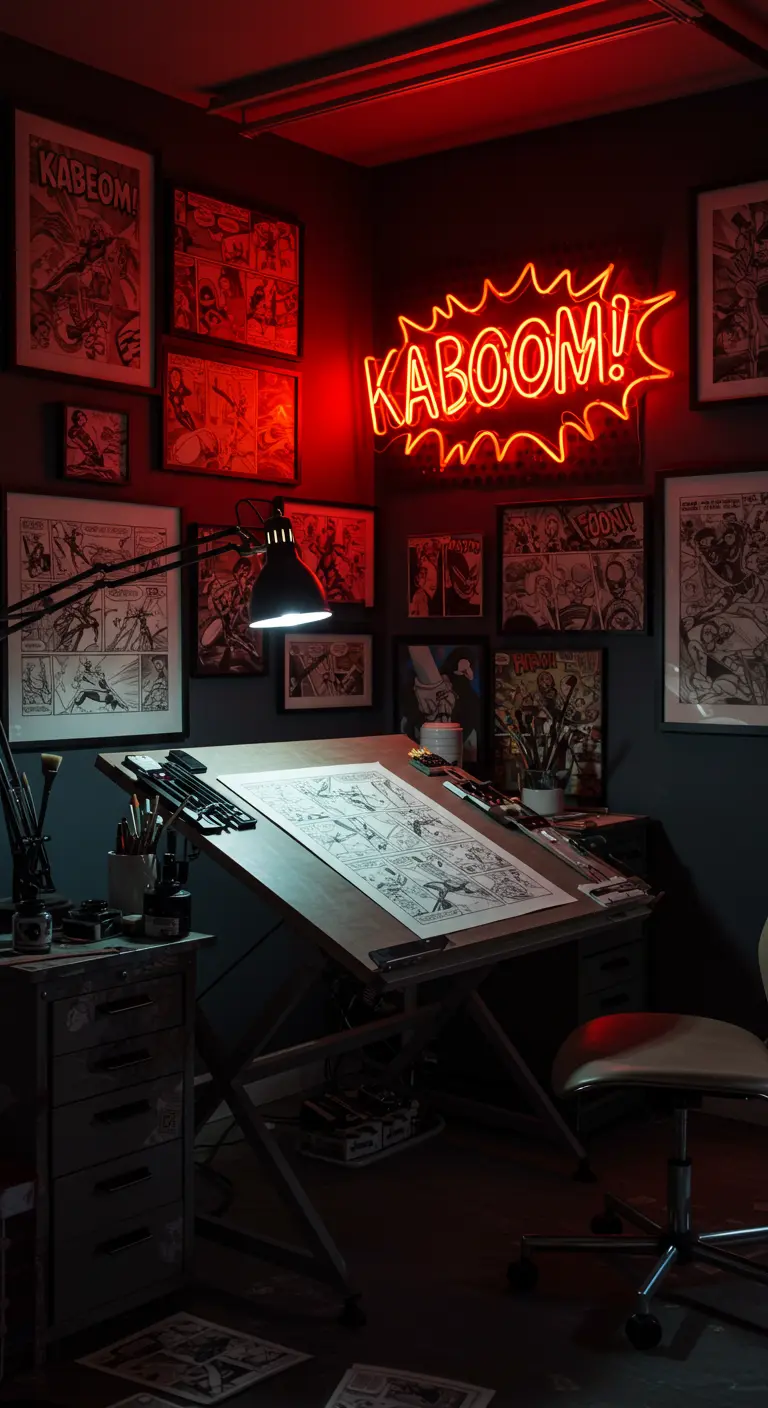 Estudio de artista de cómics con mesa de dibujo y un neón rojo 'KABOOM!'.