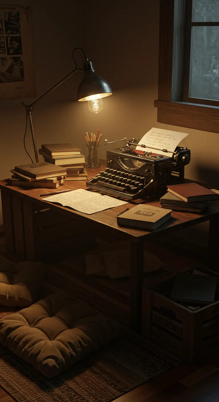 Rincón de escritura con poca luz, una máquina de escribir antigua y cojines en el suelo.