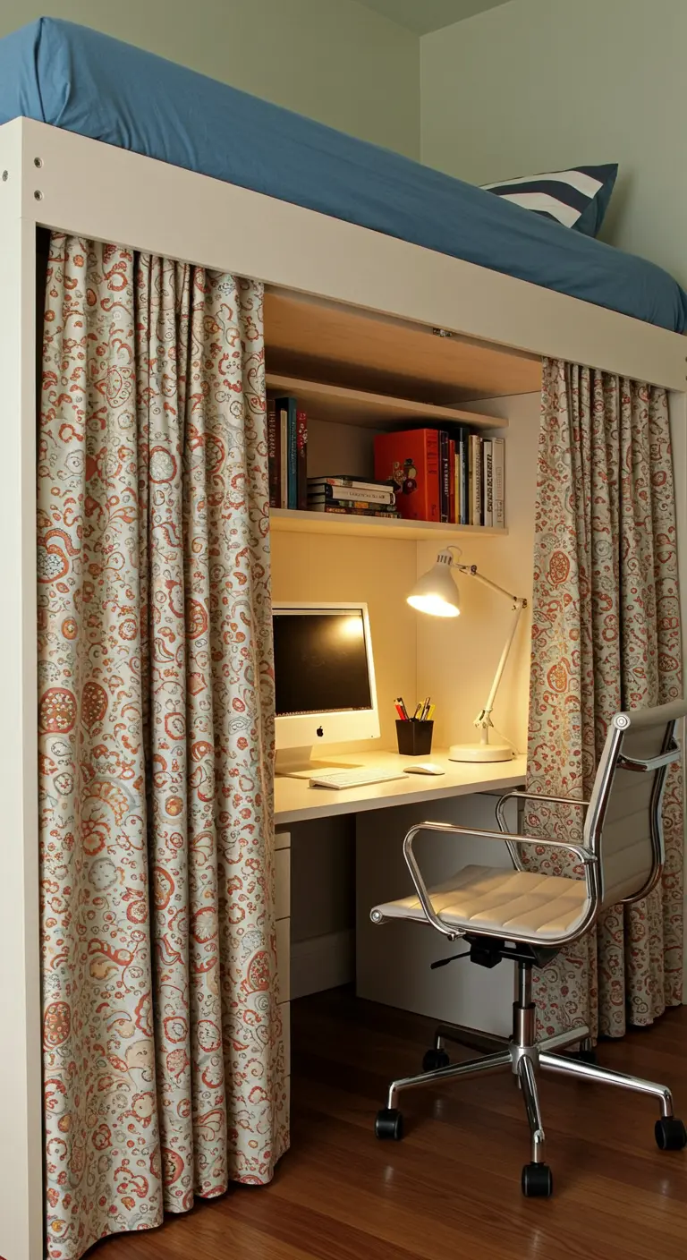 Cama alta blanca con cortinas estampadas que ocultan el espacio de trabajo debajo