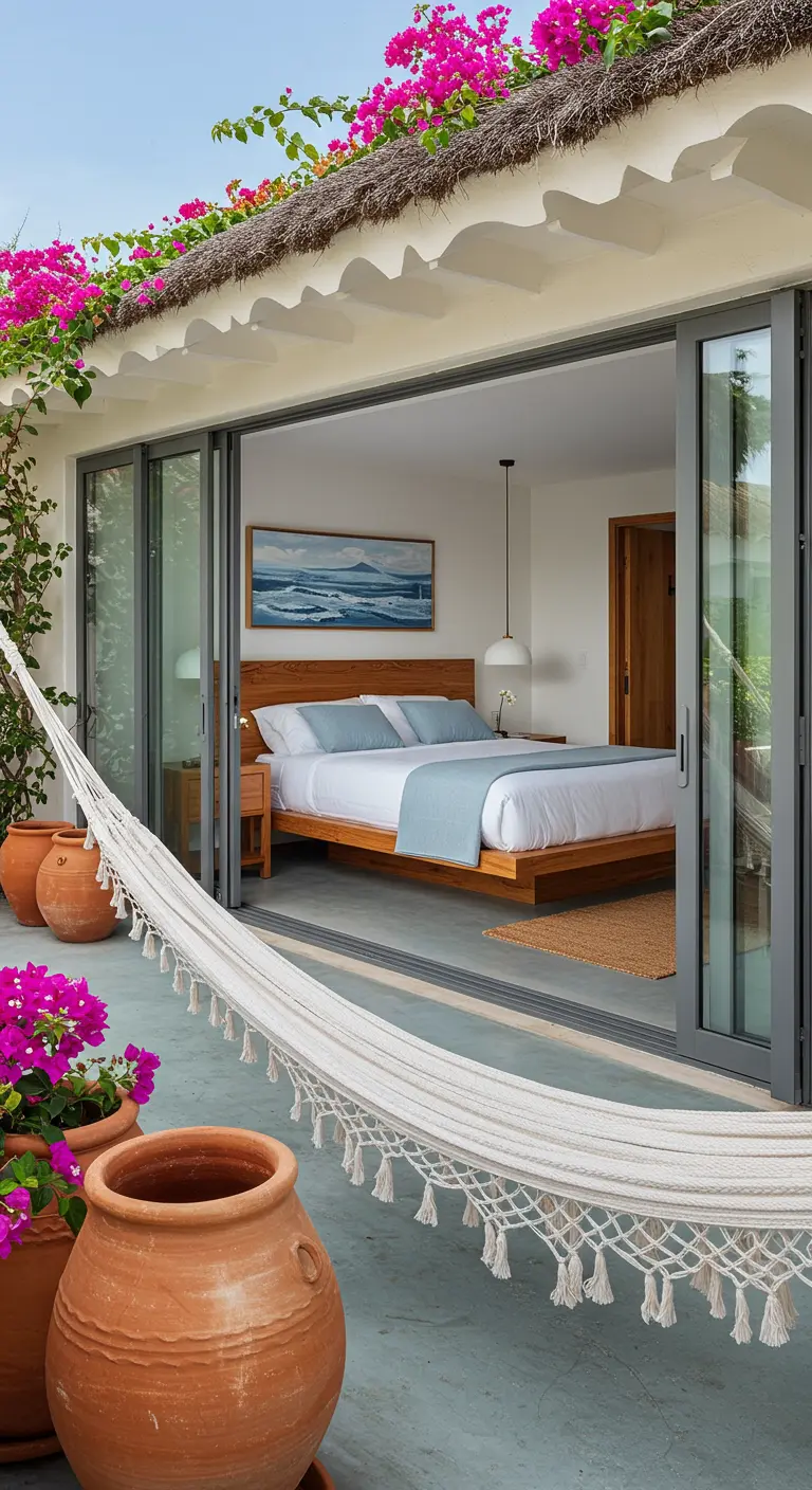 Dormitorio abierto a una terraza con una hamaca blanca y flores de buganvilla.