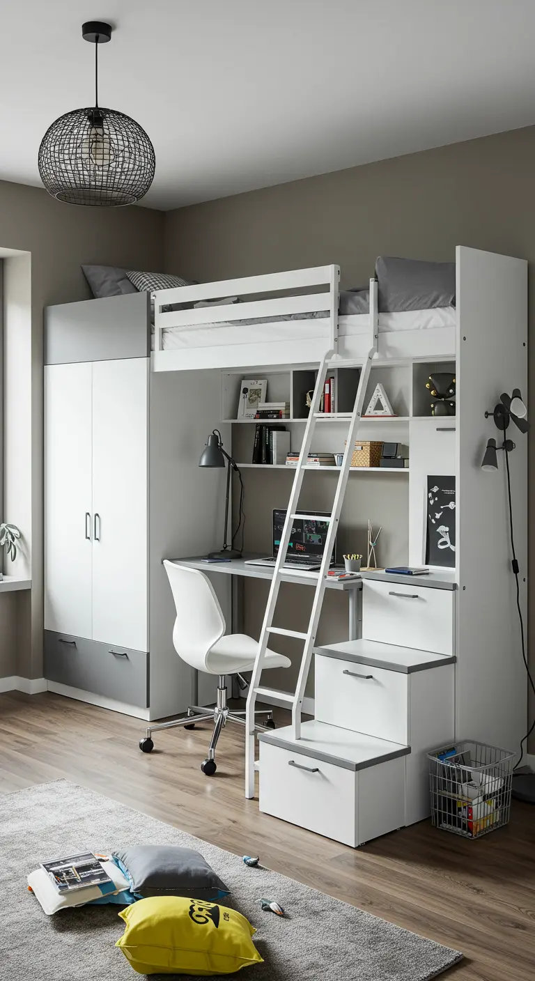 Litera alta blanca y gris con escritorio, armario y escaleras-cajón integrados en un dormitorio.