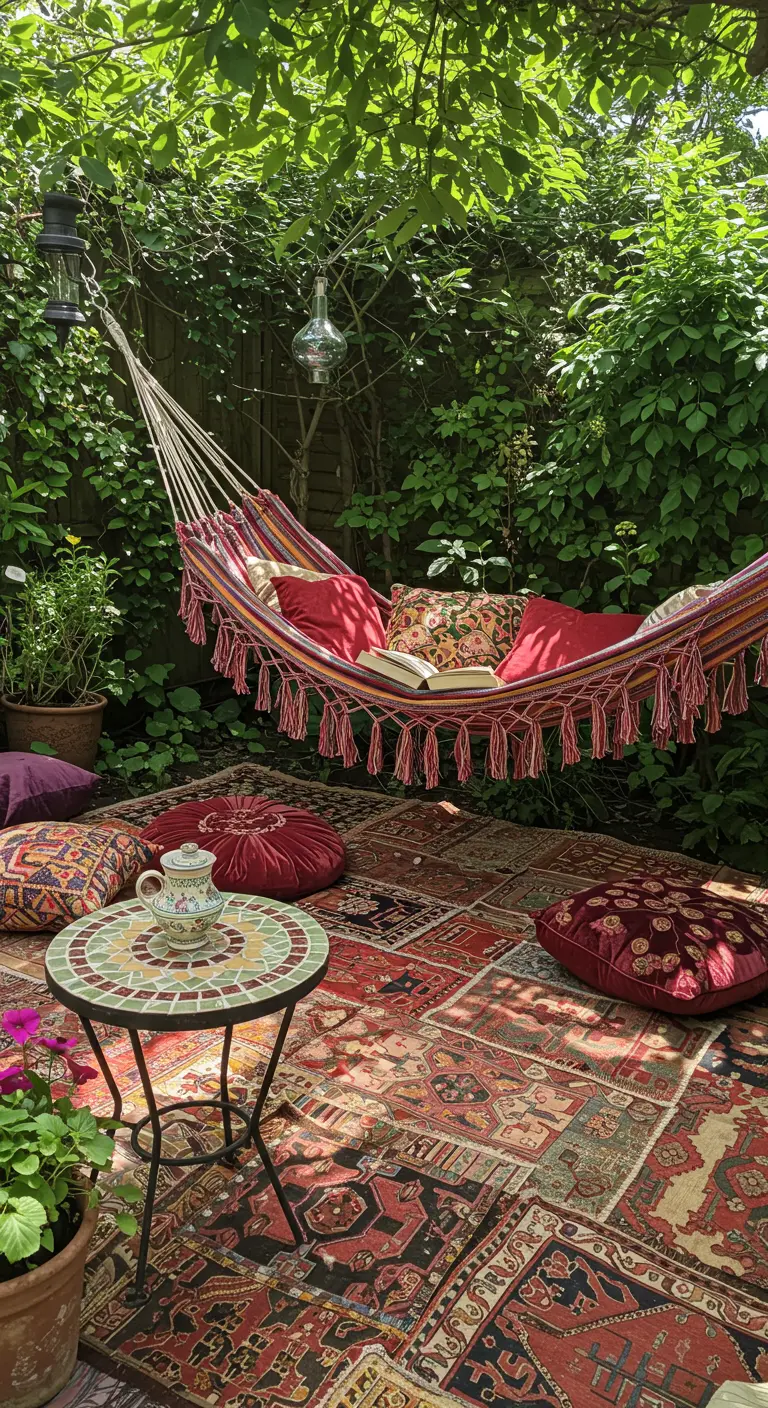 Jardín bohemio con hamaca colorida, cojines de suelo sobre una alfombra de retales y mesa de mosaico.