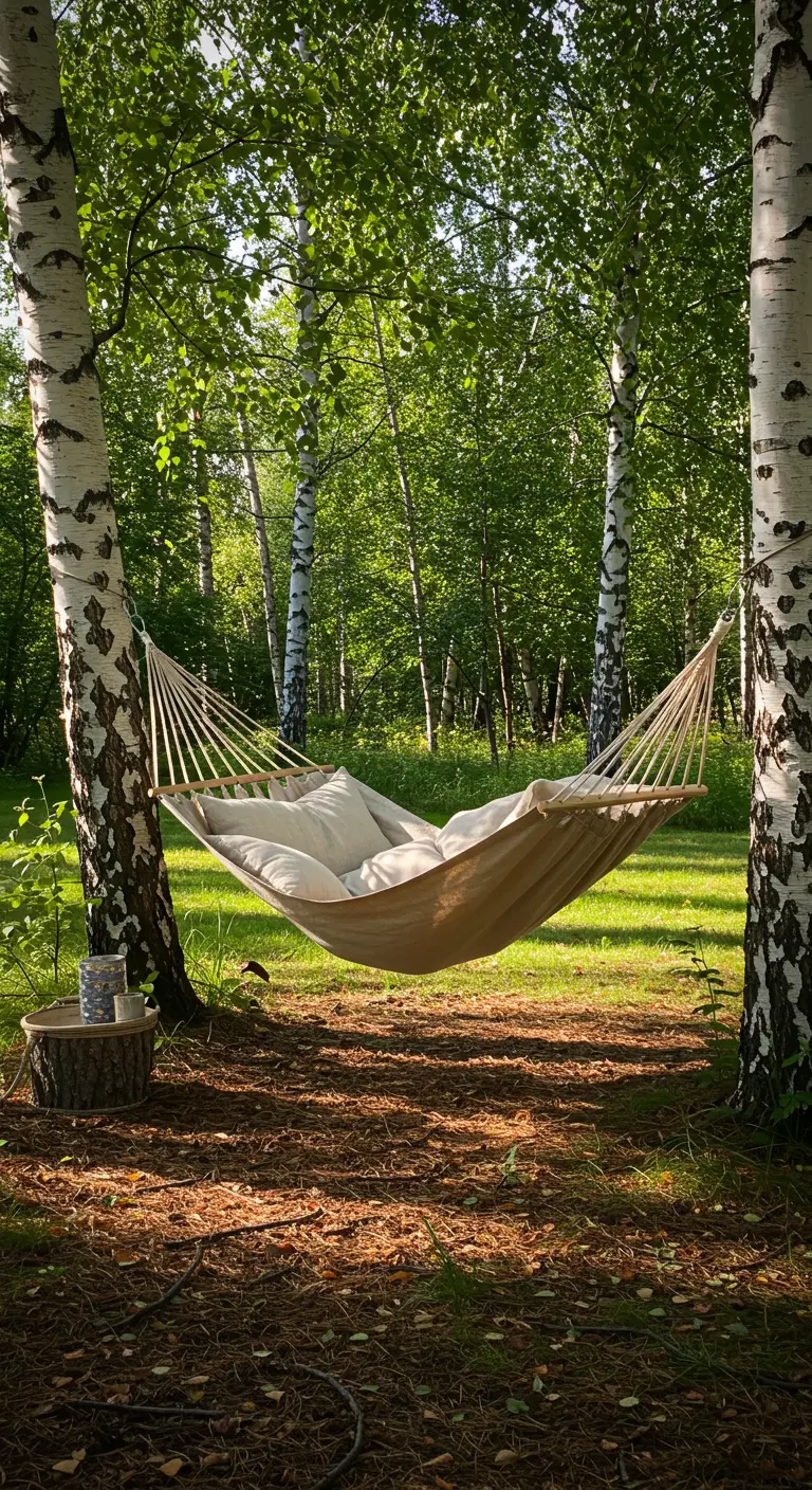 Hamaca de tela beige colgada entre dos abedules, llena de cojines de lino mullidos.