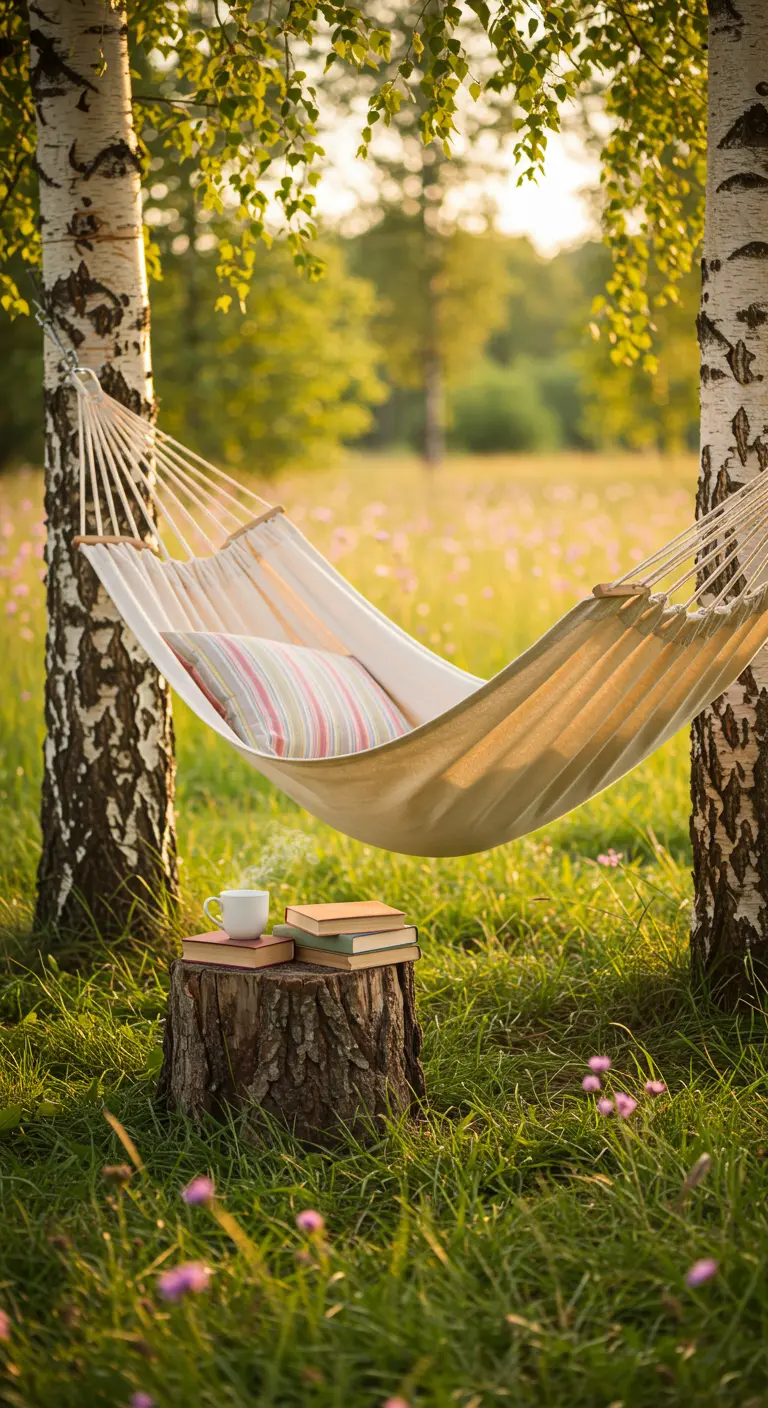 Hamaca de tela clara colgada entre dos abedules en un prado, con un libro sobre un tocón.