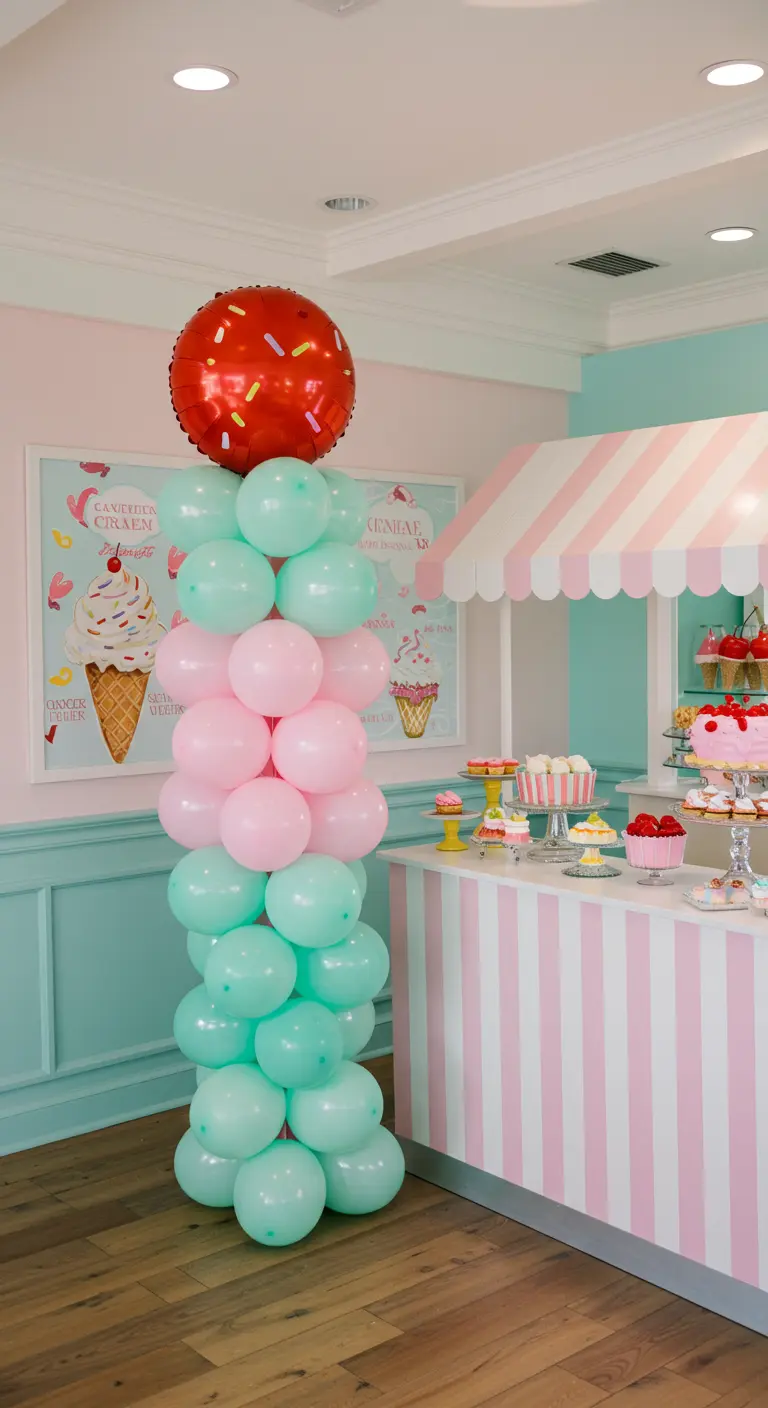 Columna de globos que imita un cono de helado con una cereza roja en la parte superior.