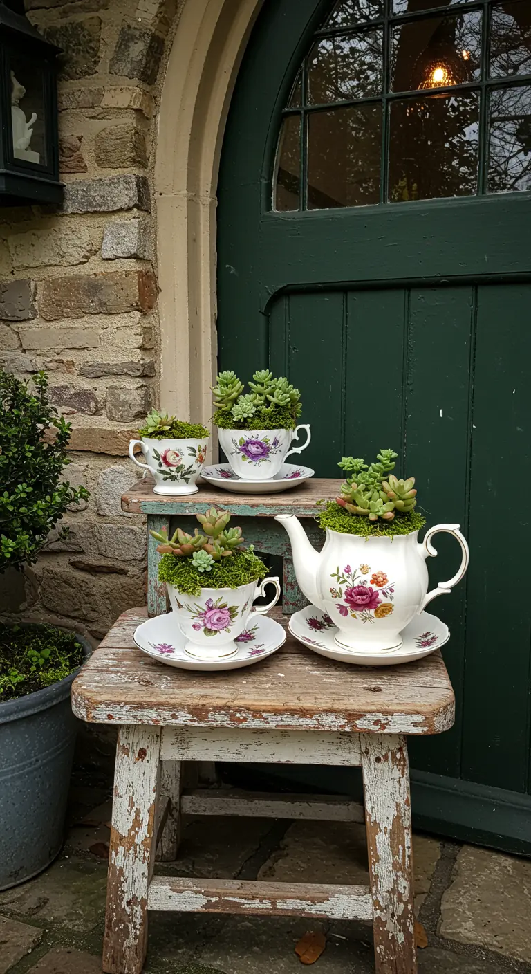 Juego de té de porcelana vintage con flores reutilizado como macetas para suculentas en un taburete.