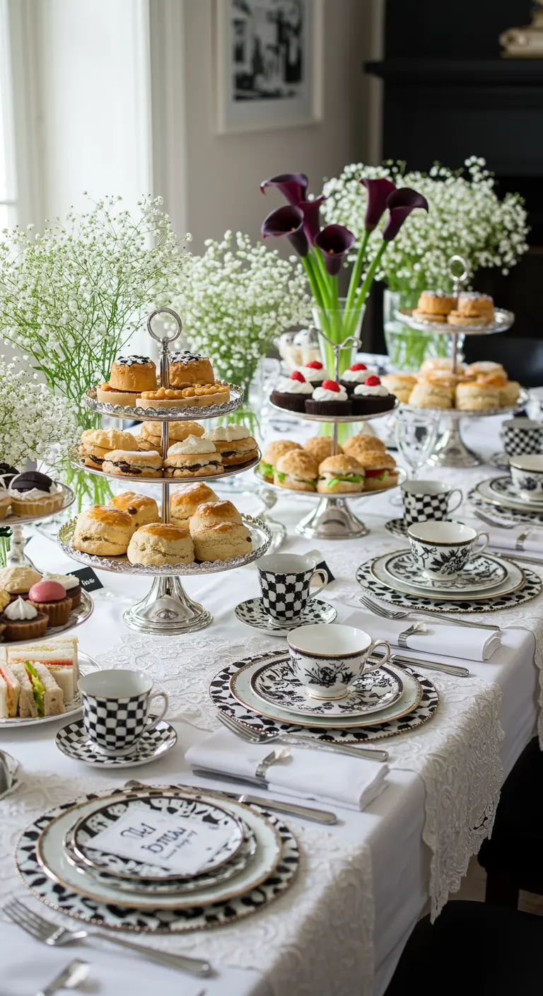 Mesa de té elegante con vajilla a cuadros y floral, y expositores de varios pisos con dulces.