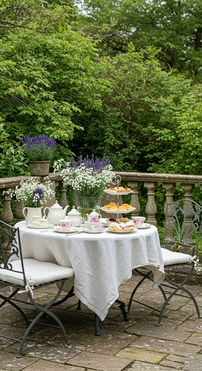 Mesa de té en un jardín con mantel de lino blanco, flores de lavanda y sillas de forja.