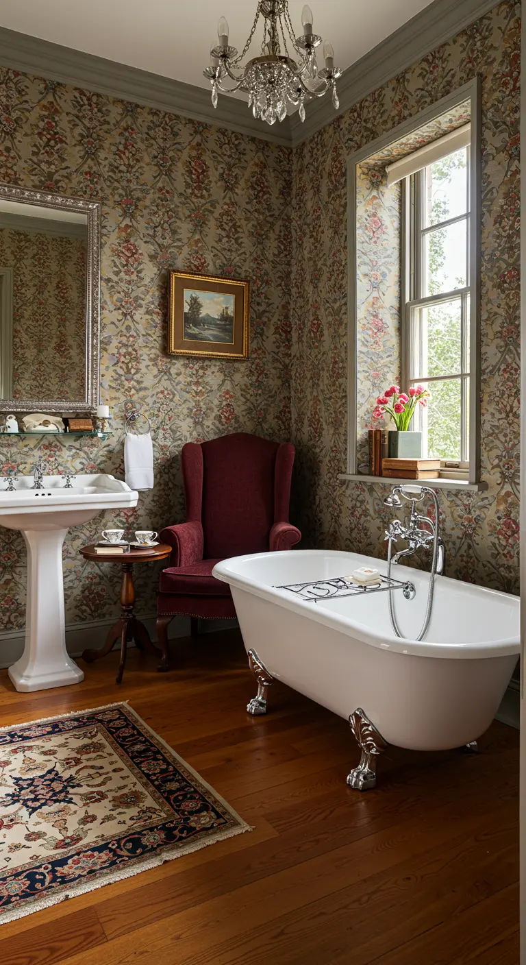 Baño tradicional con papel pintado floral, bañera con patas y un sillón orejero de terciopelo.