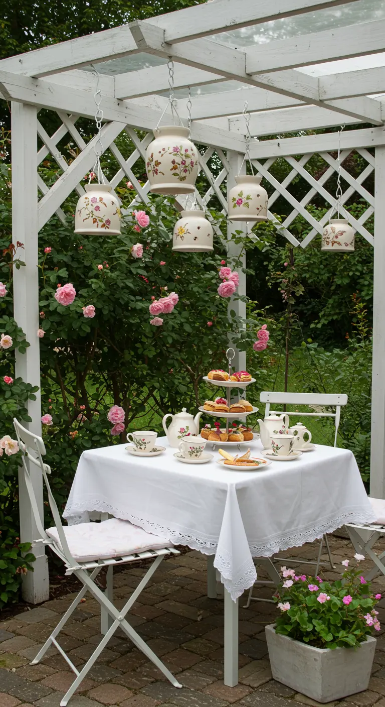 Jardín romántico con mesa de té, pérgola blanca y lámparas hechas con teteras de porcelana