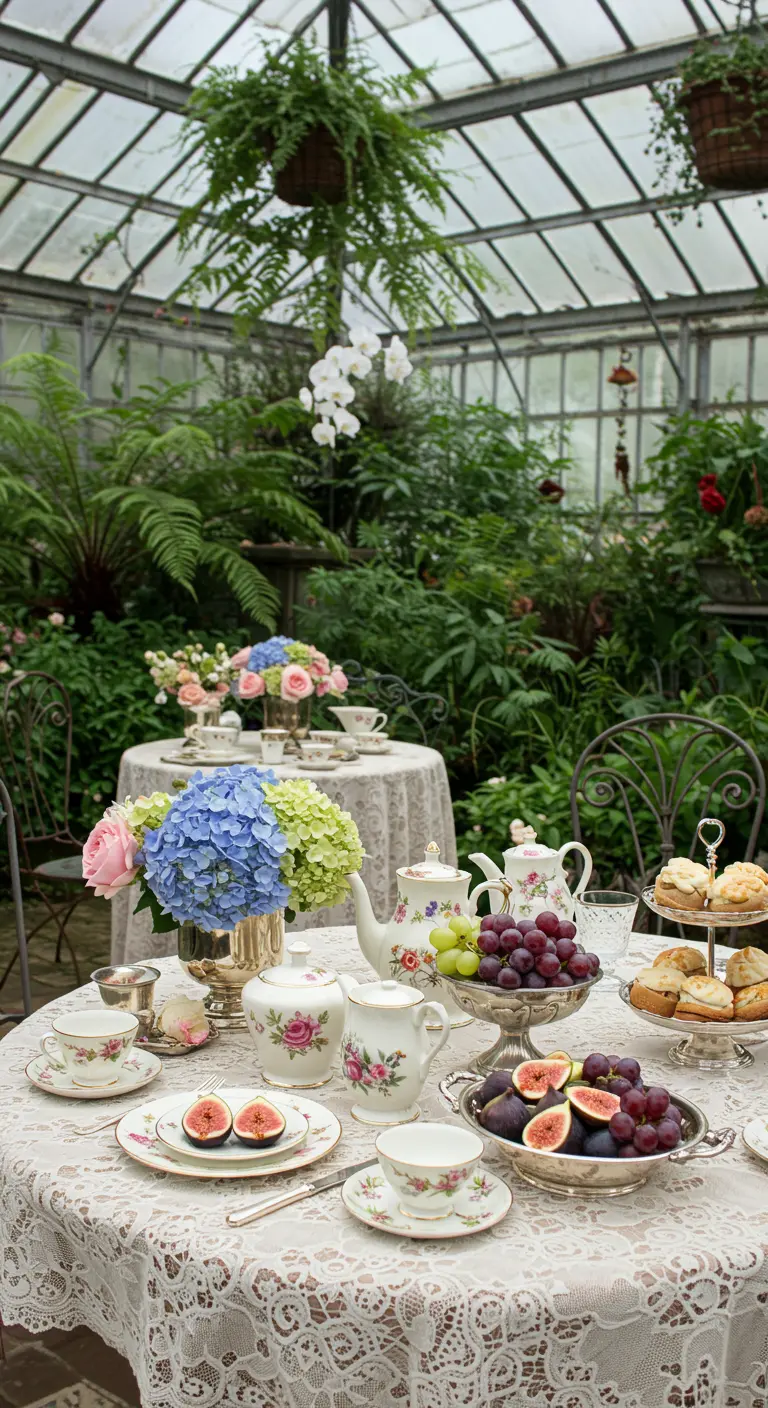 Mesa de té en un invernadero con mantel de encaje, vajilla floral y arreglos de hortensias.