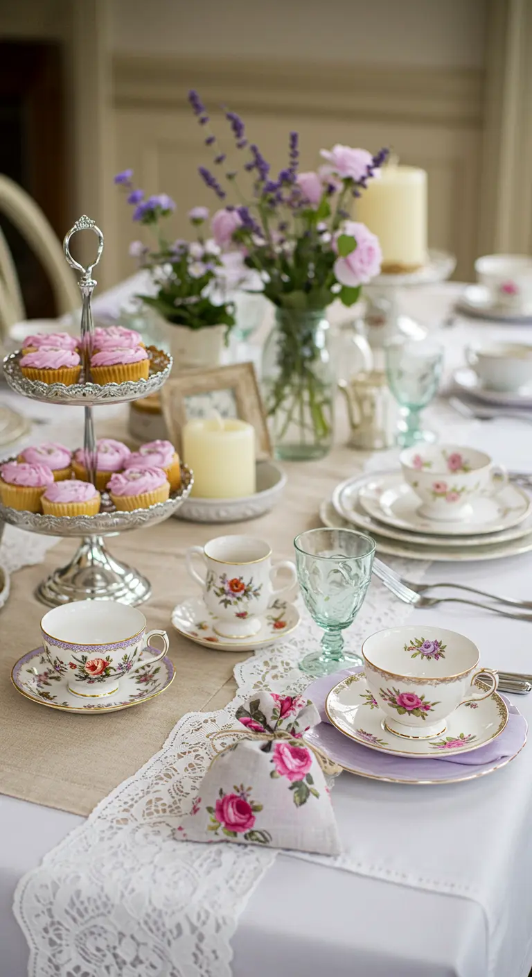 Mesa de té vintage con tazas de porcelana y una bolsita de lavanda floral a juego.