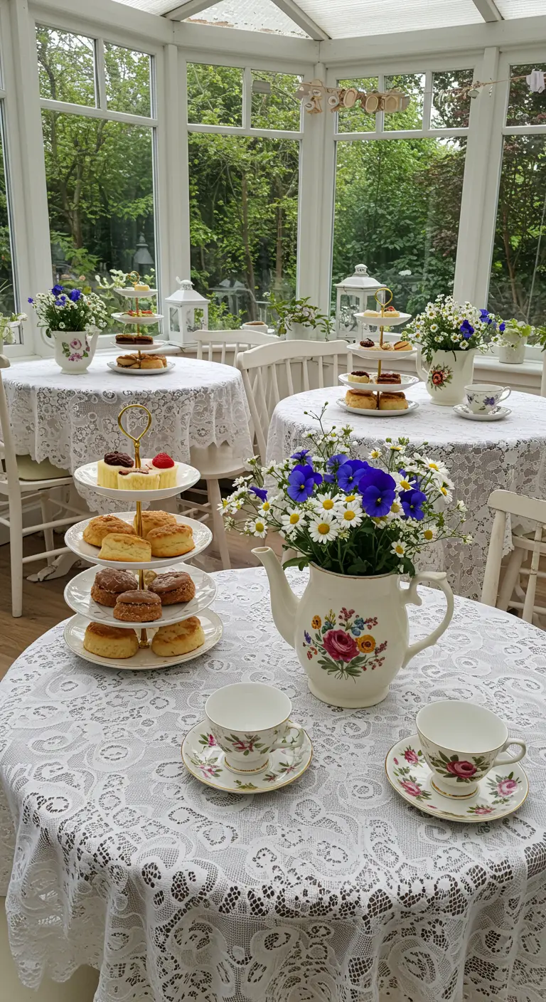 Mesas de té para bautizo con manteles de encaje, flores azules y torres de postres.