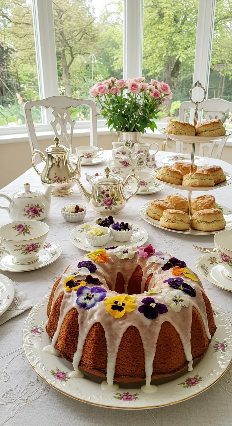 Bundt cake con glaseado blanco y flores comestibles de colores en una mesa de té elegante.