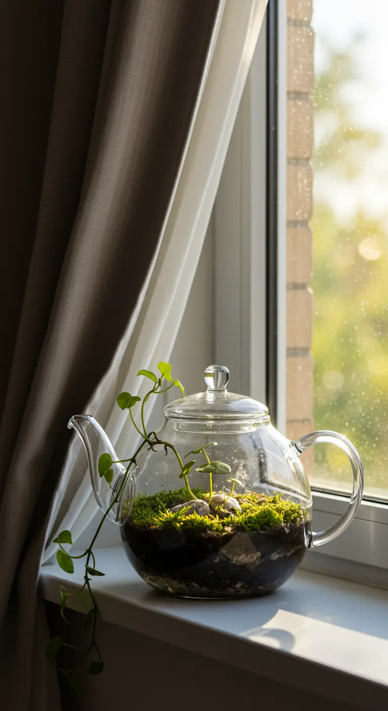Un terrario plantado dentro de una tetera de cristal transparente, colocado en el alféizar de una ventana.