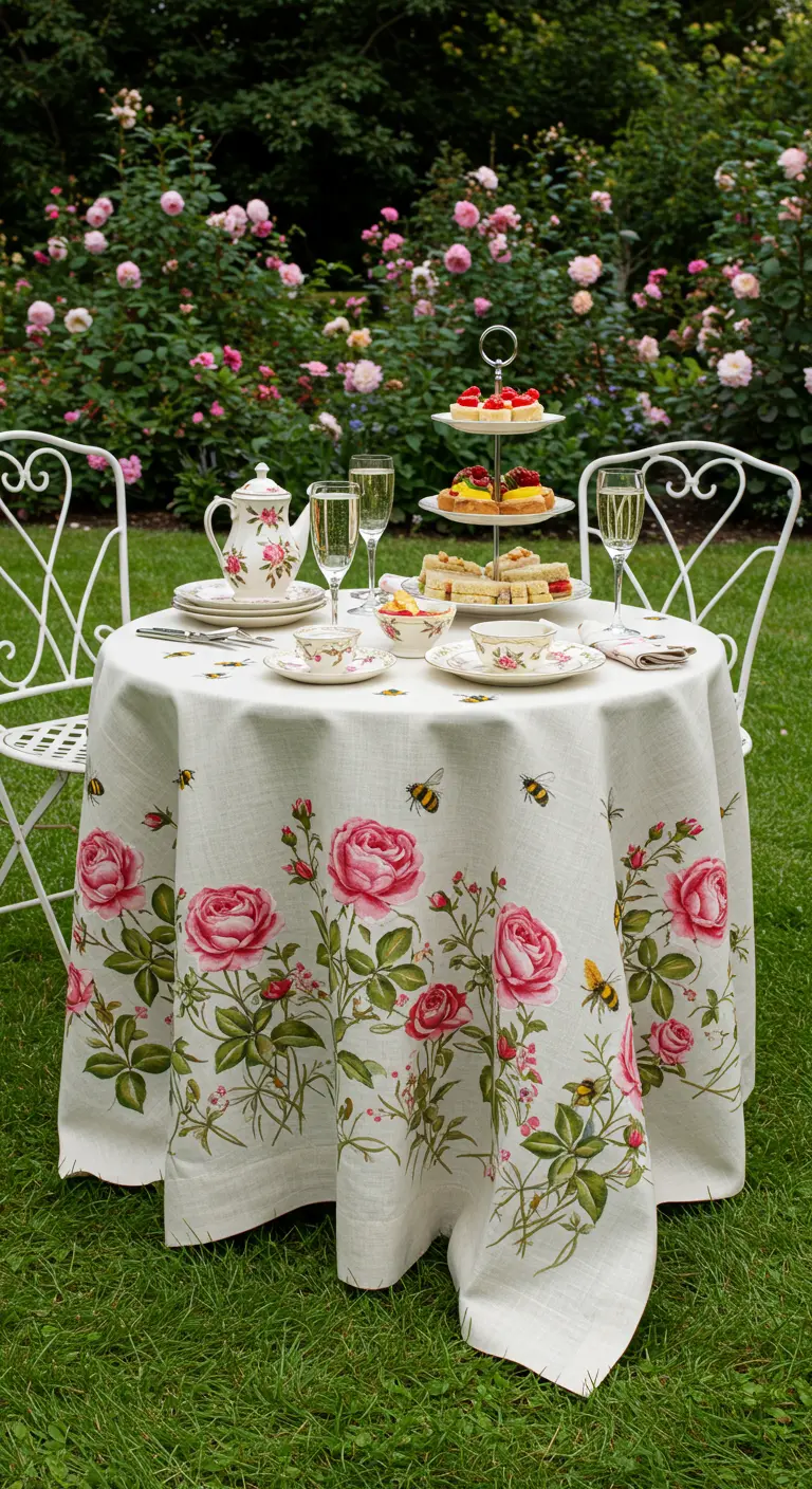 Mantel blanco redondo con rosas y abejas pintadas para una merienda en un jardín.
