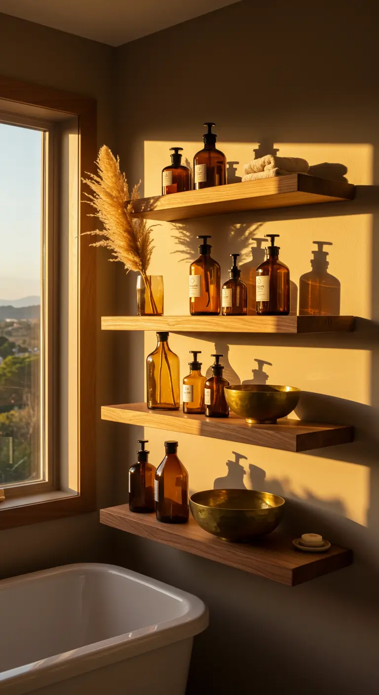 Estanterías de madera con frascos de vidrio ámbar iluminados por una luz cálida.