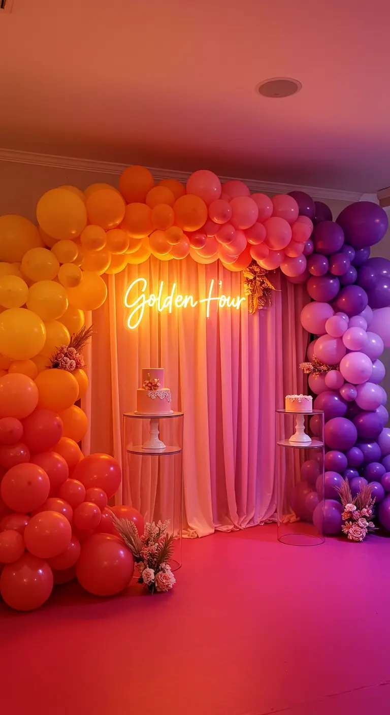 Arco de globos en degradado de atardecer con un letrero de neón 'Golden Hour'.