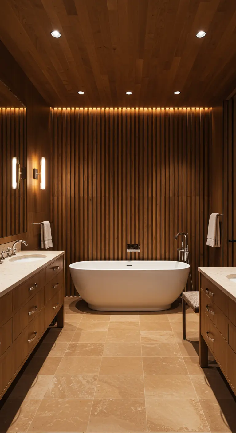 Baño elegante con pared de listones de madera oscura iluminada desde arriba y bañera exenta