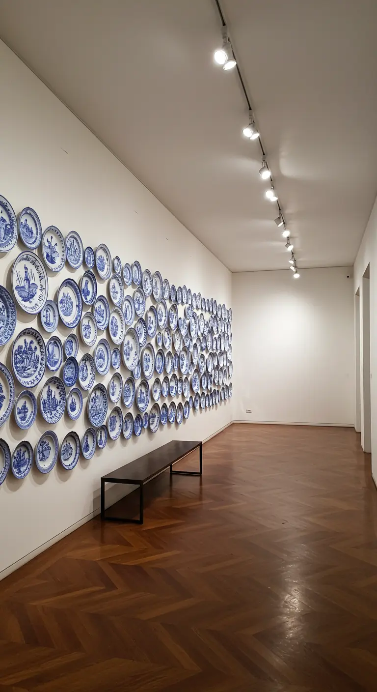 Una pared blanca completamente cubierta por una gran colección de platos de cerámica azul y blanca.