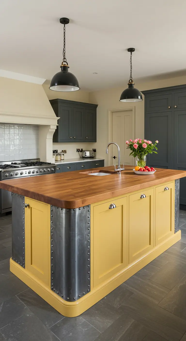 Isla de cocina mostaza con esquinas reforzadas con planchas de metal oscuro y remaches.