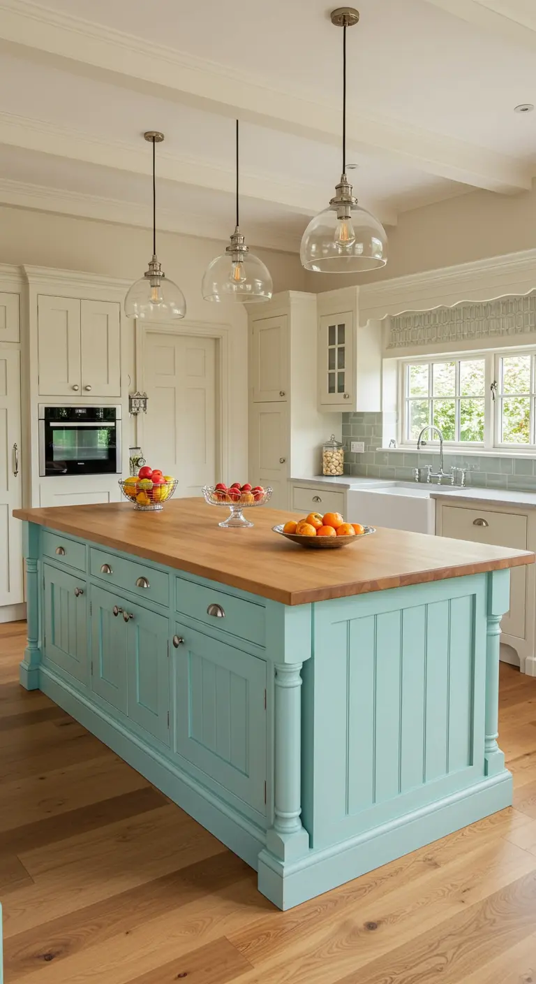 Gran isla de cocina en color menta con encimera de madera y lámparas de cristal.