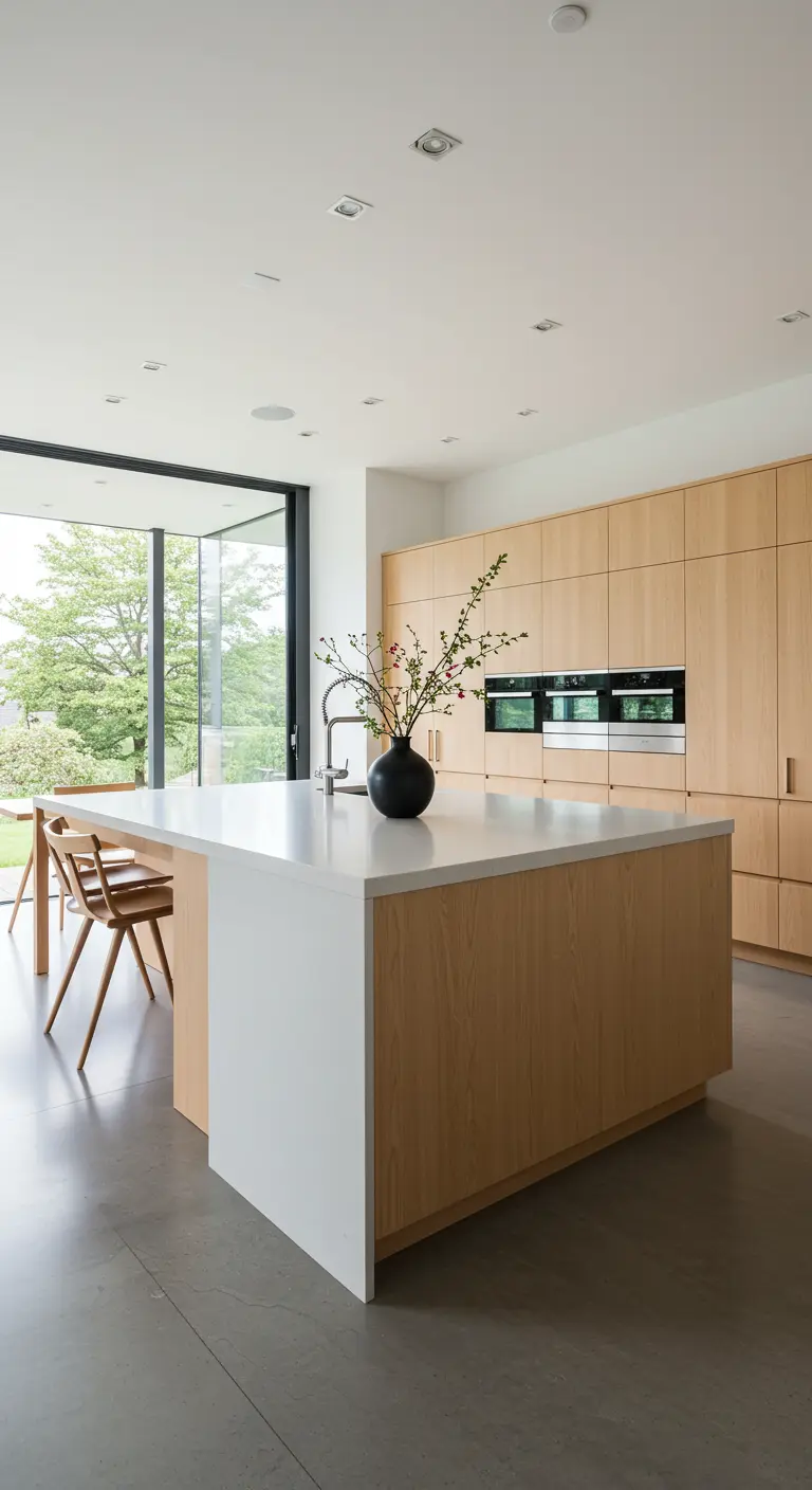 Cocina japonesa moderna con isla central de madera clara y encimera blanca, abierta al exterior