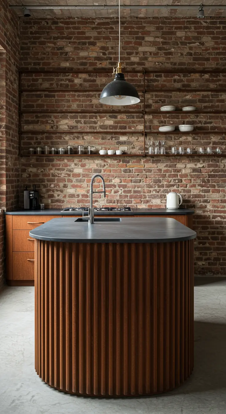 Cocina industrial con una isla de forma redondeada revestida de metal acanalado oxidado.