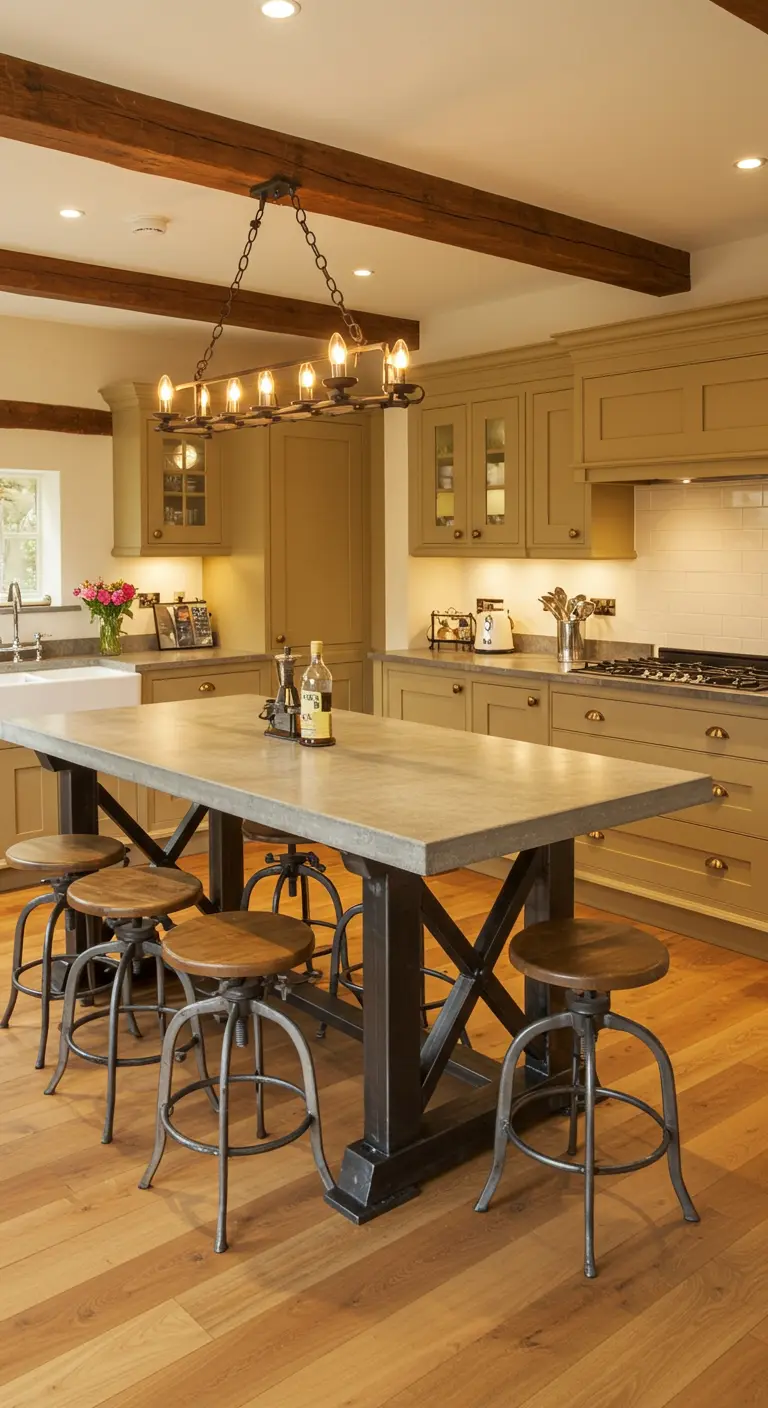 Cocina rústica con isla de comedor de hormigón y lámpara industrial sobre vigas de madera.