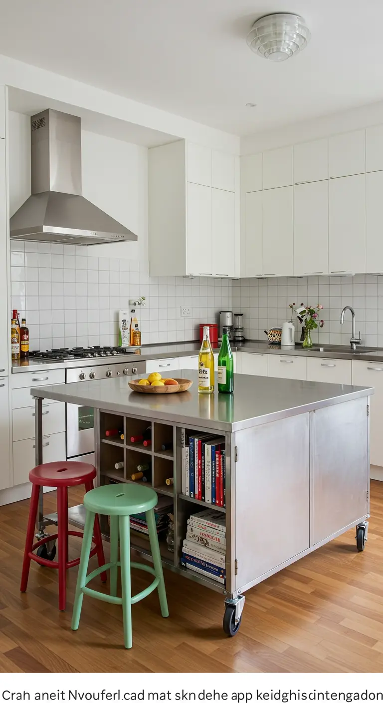 Isla de cocina de acero inoxidable con ruedas, botellero y estanterías en una cocina blanca.