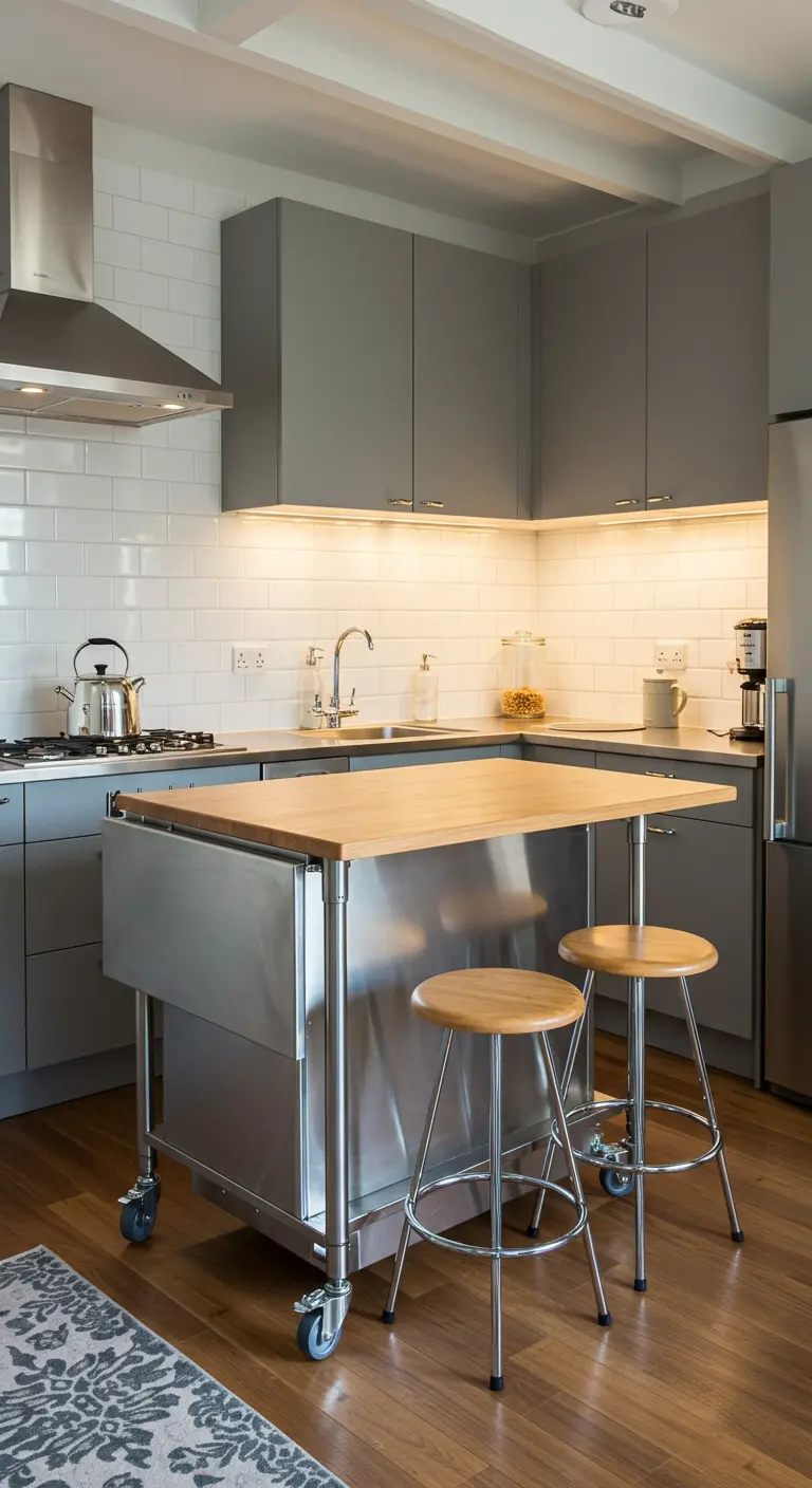 Isla de cocina móvil de acero inoxidable y madera con ruedas y taburetes.