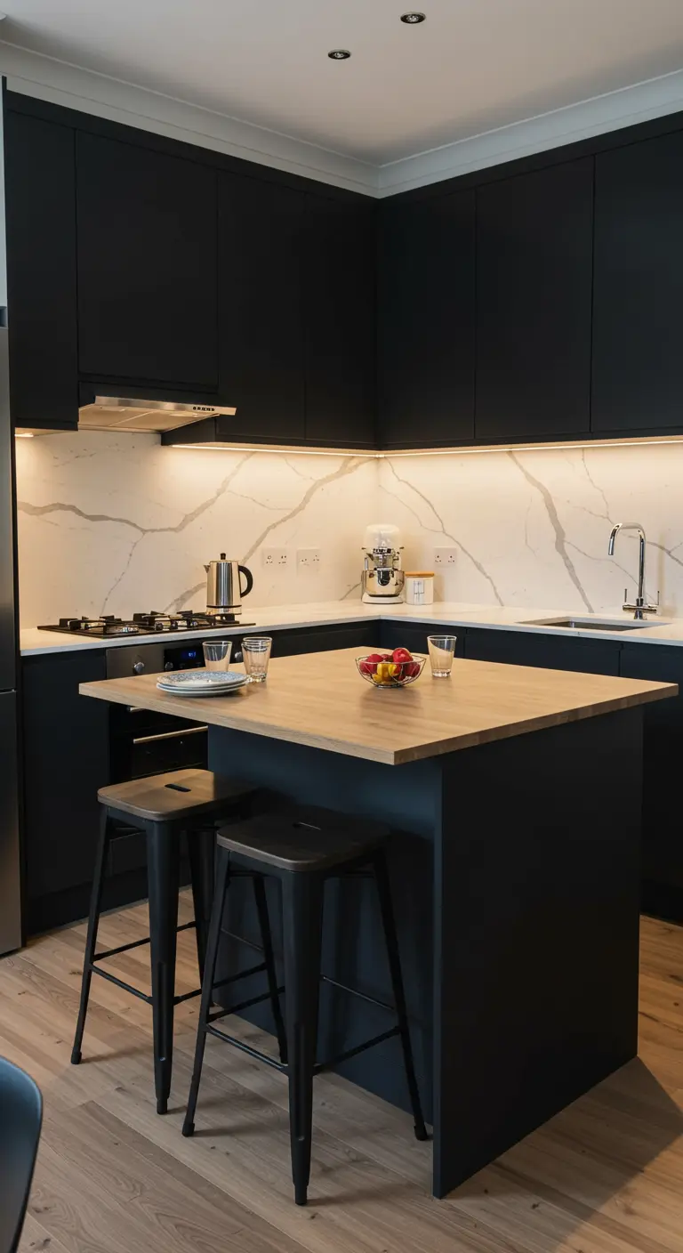 Isla de cocina negra y madera con ruedas y taburetes, en una cocina moderna con armarios negros.
